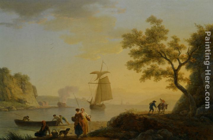 An Extensive Coastal Landscape with Fishermen Unloading their Boats and Figures Conversing in the Foreground painting - Claude-Joseph Vernet An Extensive Coastal Landscape with Fishermen Unloading their Boats and Figures Conversing in the Foreground art painting